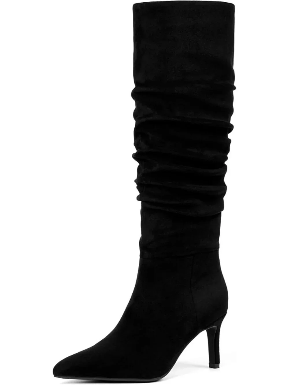 Women's Slouchy Black Suede Pointed Toe Faux Leather Stiletto Over The Knee Boot